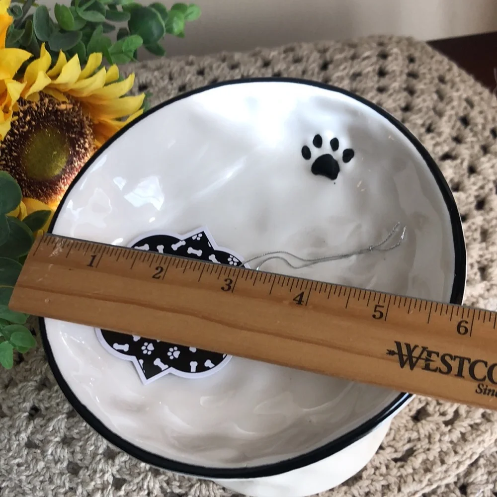 Ceramic Raised Pet Bowl with Black Paw Prints - White